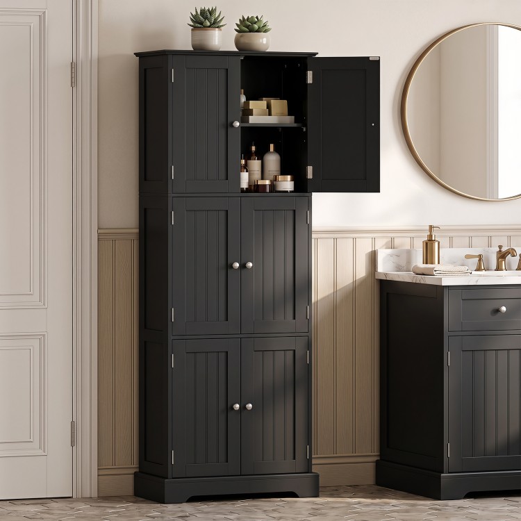 Tall black bathroom storage cabinet featuring 6 doors, 3 adjustable shelves, and a sleek design for versatile use.