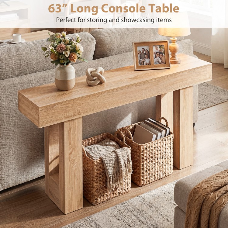 63" long farmhouse console table with natural wood grain, featuring ample storage space for baskets and decorative.