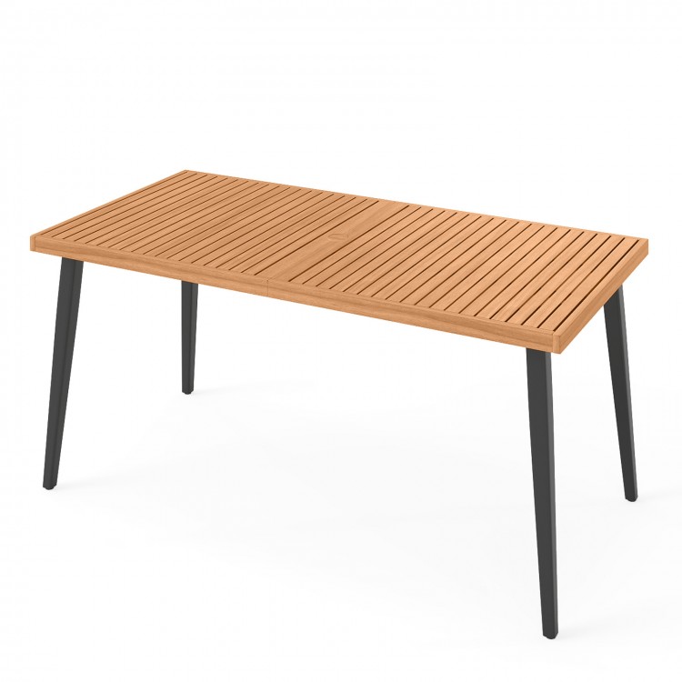 63-inch acacia wood dining table with tapered metal legs and 1.97-inch umbrella hole, perfect for indoor or outdoor use.