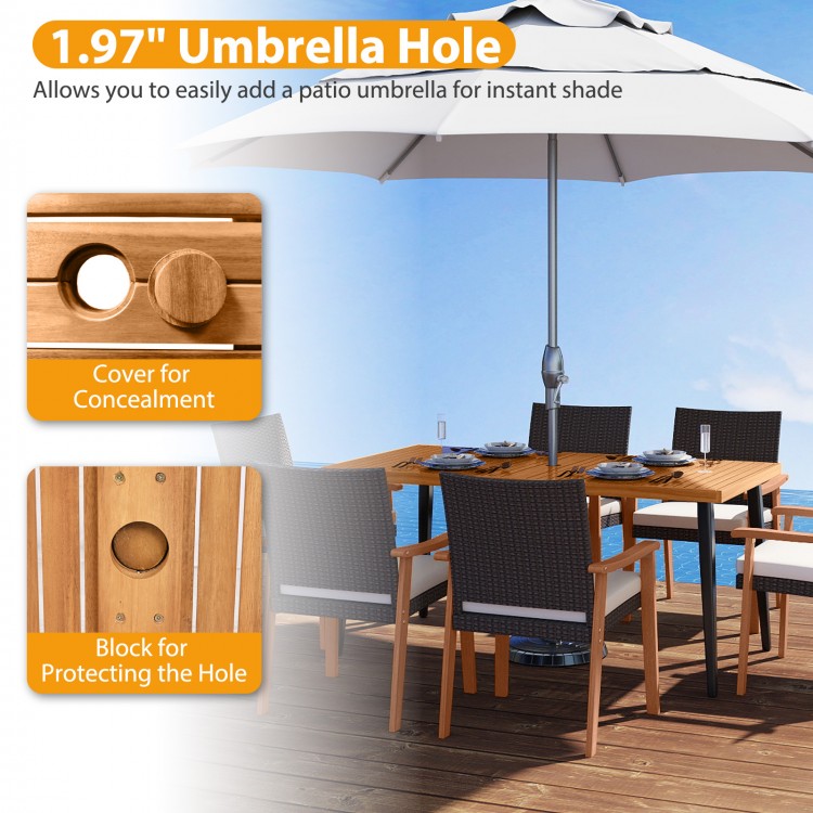 63" outdoor dining table featuring a 1.97" umbrella hole, acacia wood top, and tapered metal legs for stability.