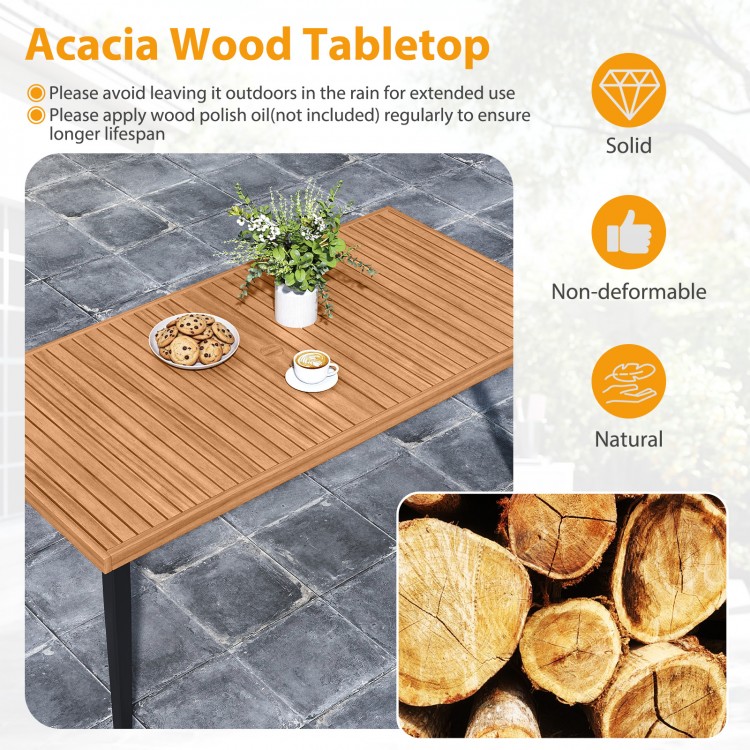 Acacia wood tabletop dining table with tapered metal legs, 63 inches long, suitable for indoor and outdoor use.