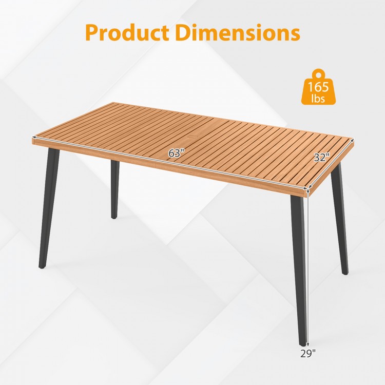 63-inch acacia wood dining table with tapered metal legs and 1.97-inch umbrella hole, ideal for indoor and outdoor use.