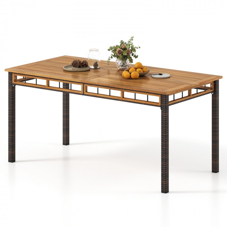 63" outdoor dining table featuring a solid acacia wood slatted top and durable PE rattan legs, perfect for yard or.