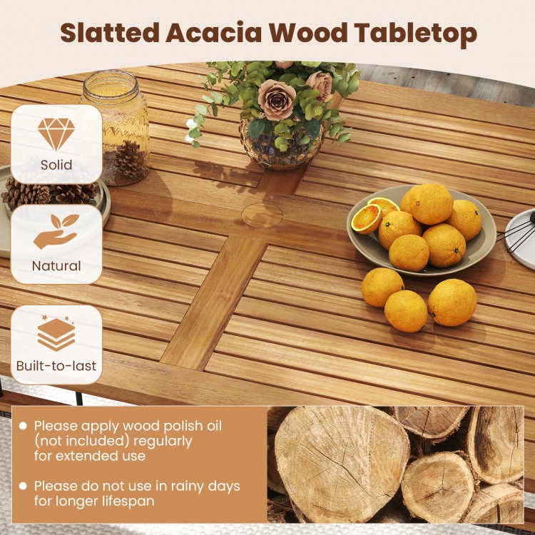 Slatted acacia wood tabletop of a 63" outdoor dining table, designed for durability and elegance, perfect for yard or.