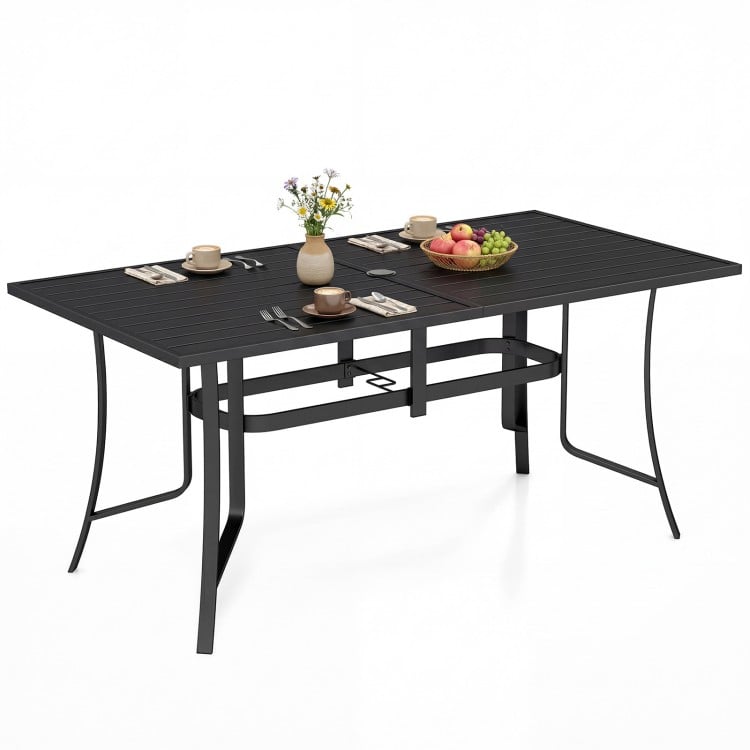 Rectangle metal patio dining table in black, 63" x 33", seats 6, with umbrella hole, ideal for outdoor dining.