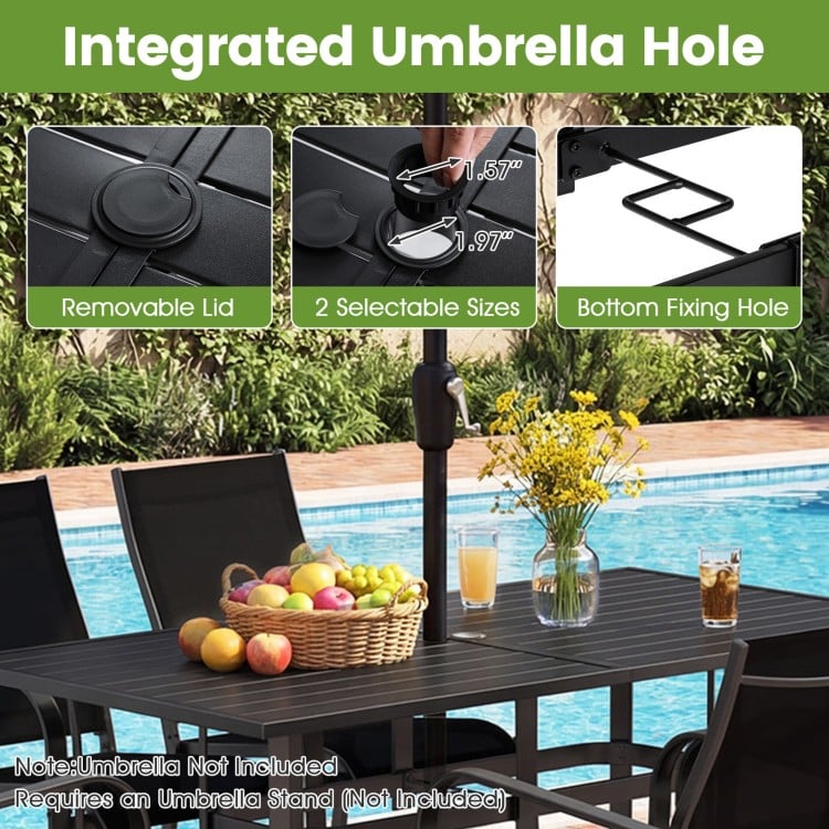 Rectangle metal patio dining table with integrated umbrella hole, seats 6, ideal for outdoor dining spaces.
