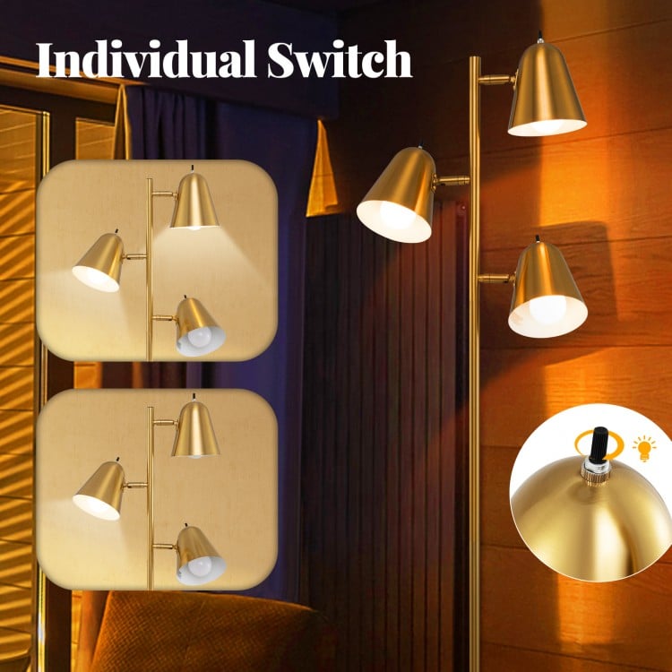 64-inch golden 3-light floor lamp with individual switches, perfect for reading and enhancing any living space.
