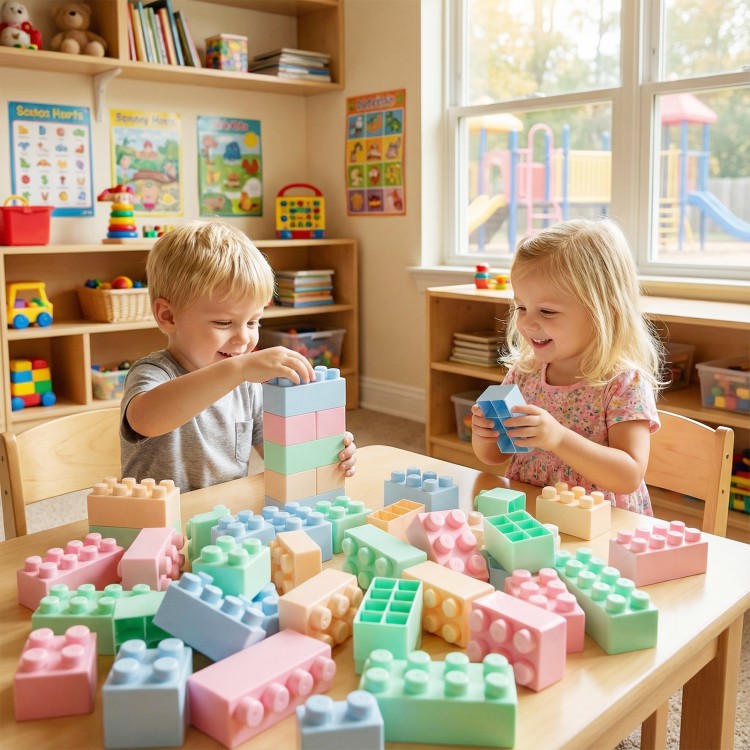 Colorful 64 pcs building blocks for toddlers, made of BPA-free material, promoting creativity and fine motor skills.