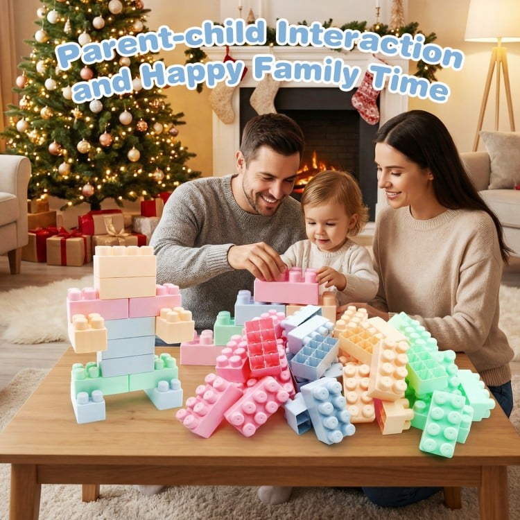 Colorful 64 pcs building blocks for toddlers, promoting creativity and parent-child interaction during family playtime.