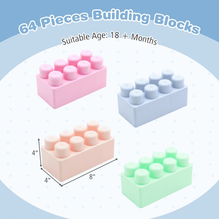 Colorful 64 pcs building blocks for toddlers, made of BPA-free PP material, promoting creativity and fine motor skills.