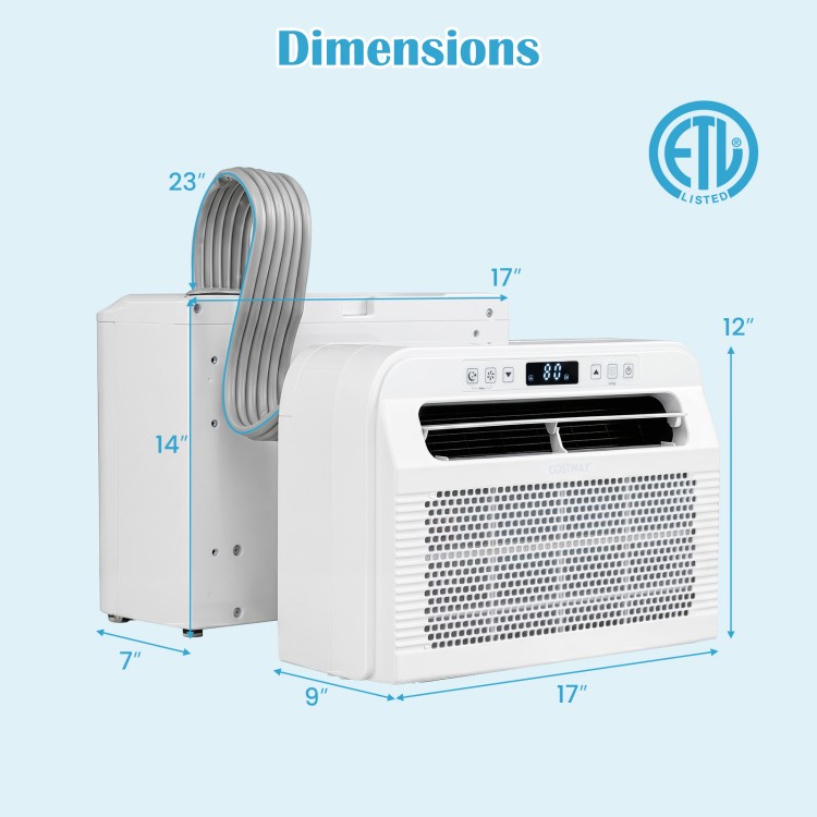 6500 BTU window AC unit with WiFi control, featuring a compact design and dimensions of 23" x 17" x 12" for easy installation.