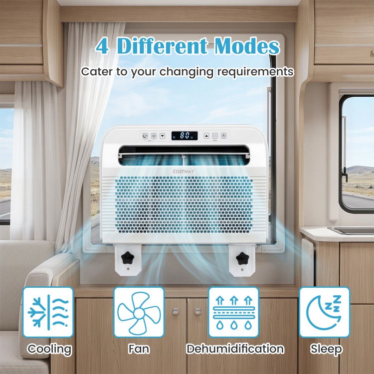 6500 BTU window AC unit in white with WiFi control, featuring cooling, fan, dehumidification, and sleep modes for RVs.