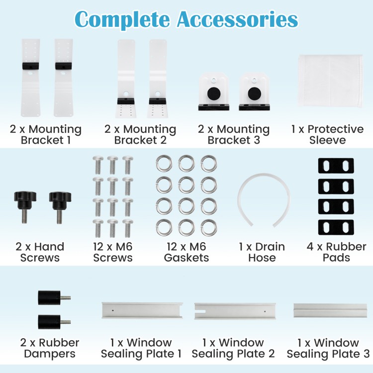 Complete accessory set for 6500 BTU window AC unit, including brackets, screws, gaskets, and rubber pads for secure installation.