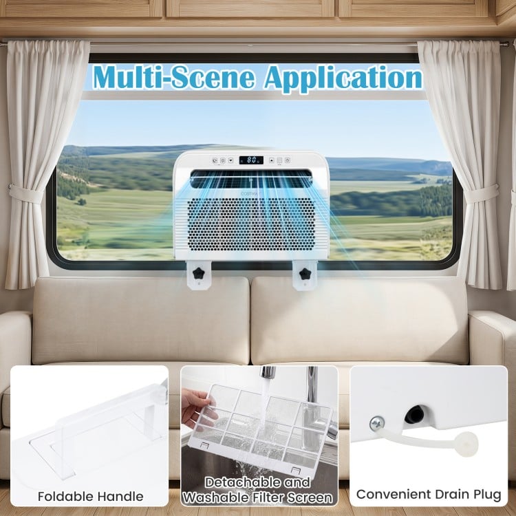 6500 BTU window AC unit with WiFi control, detachable filter, and foldable handle for RVs and small spaces.