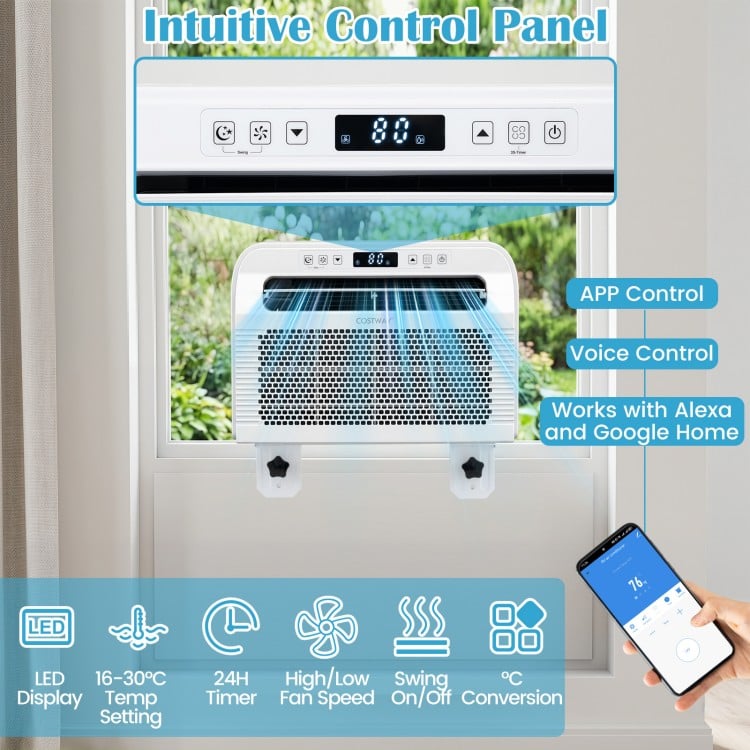 6500 BTU window AC unit with WiFi control, LED display, and quiet operation, ideal for spaces up to 120 sq.ft.