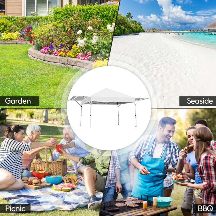 Foldable 17x10 feet pop up canopy in white, providing adjustable sun shelter for outdoor activities like BBQ and.