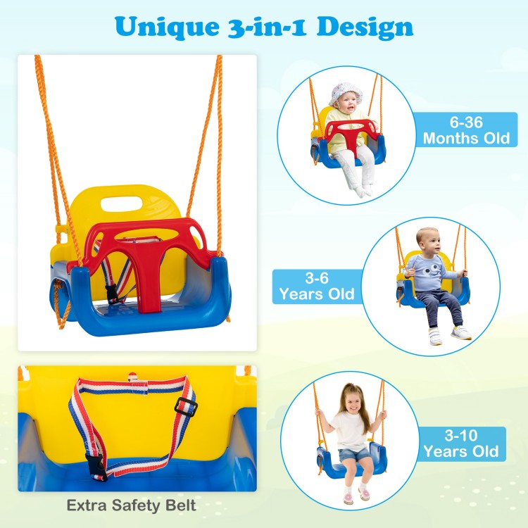 3-in-1 swing set featuring a swing seat, belt swing, and platform swing, ideal for kids aged 6 months to 10 years.