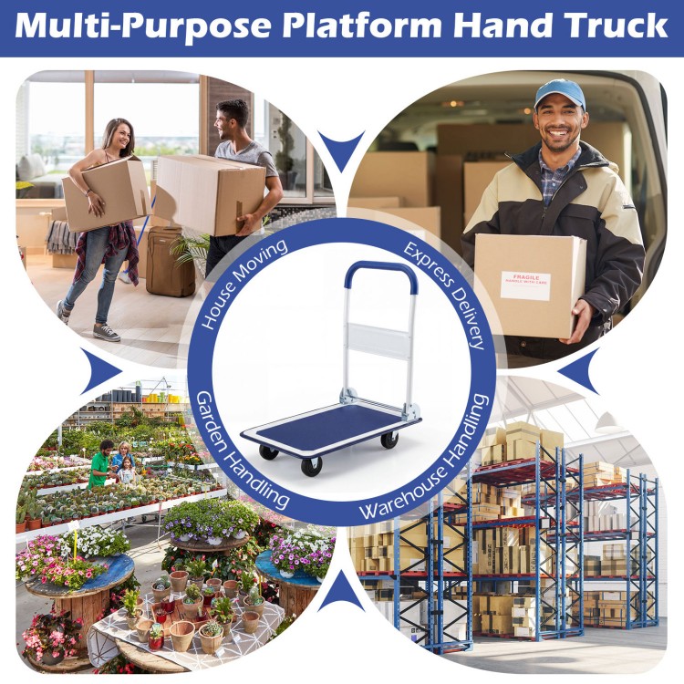 Folding platform cart dolly with black vinyl platform, 660lbs capacity, ideal for home, garden, and warehouse use.