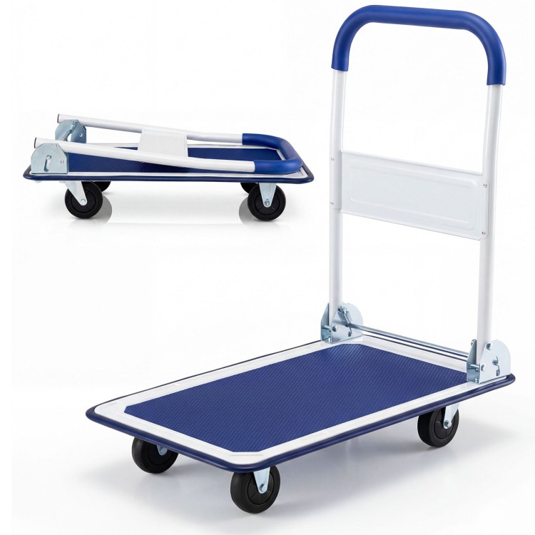 Folding platform cart dolly with a blue vinyl surface, 660 lbs capacity, featuring swivel and regular wheels for easy.