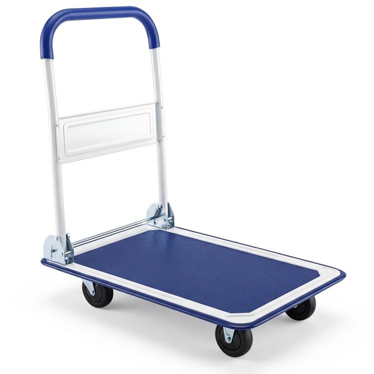 Folding platform cart dolly with a blue vinyl surface, 660lbs capacity, and a foldable handle for easy storage.
