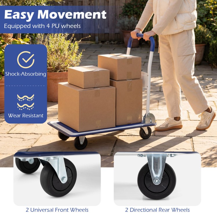 Folding platform cart dolly with 4 PU wheels, 660 lbs capacity, ideal for home and office use.