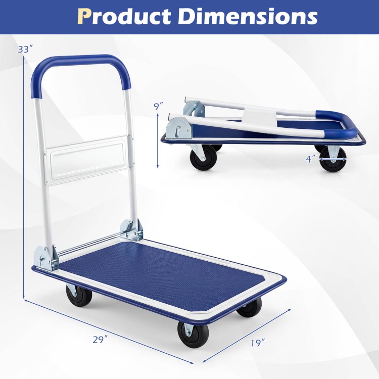 Folding platform cart dolly with blue vinyl surface, 660 lbs capacity, featuring swivel and regular wheels for easy.