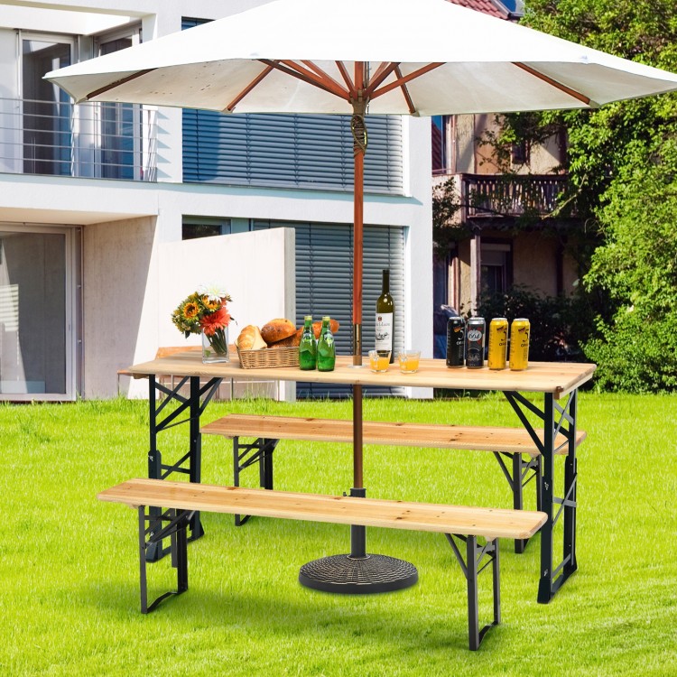 Outdoor wood folding picnic table with adjustable heights, featuring a spacious tabletop and umbrella hole for sun.