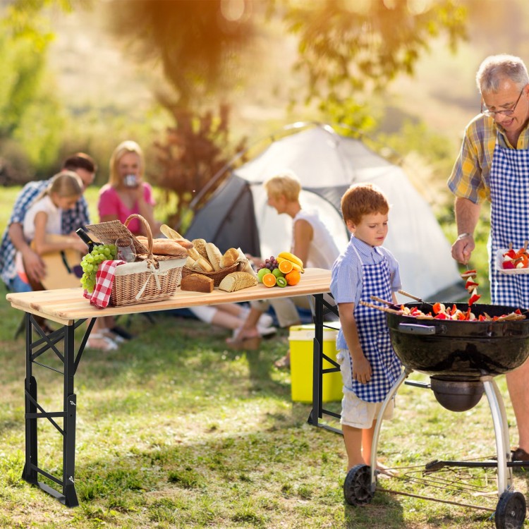 Outdoor wood folding picnic table with adjustable heights, featuring a spacious top for food and beverages, ideal for.