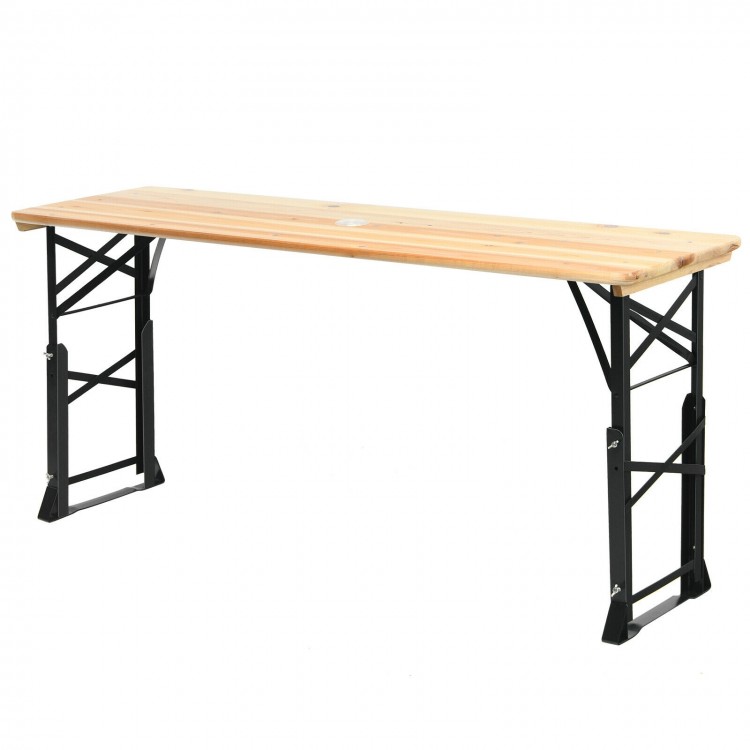 66.5-inch outdoor wood folding picnic table with adjustable heights, featuring a sturdy design and umbrella hole for.