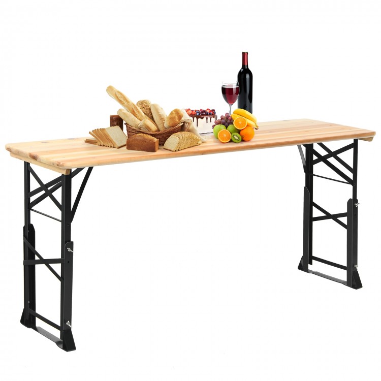 66.5-inch outdoor wood folding picnic table with adjustable heights, featuring a spacious tabletop for food and.