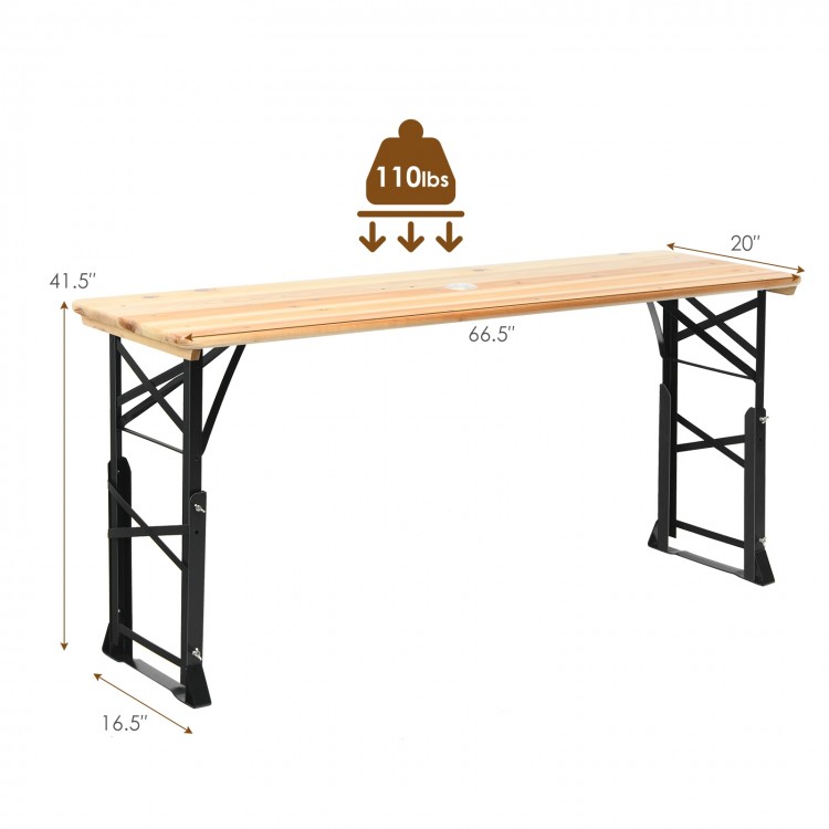 66.5-inch outdoor wood folding picnic table with adjustable heights, sturdy design, perfect for camping and barbecues.