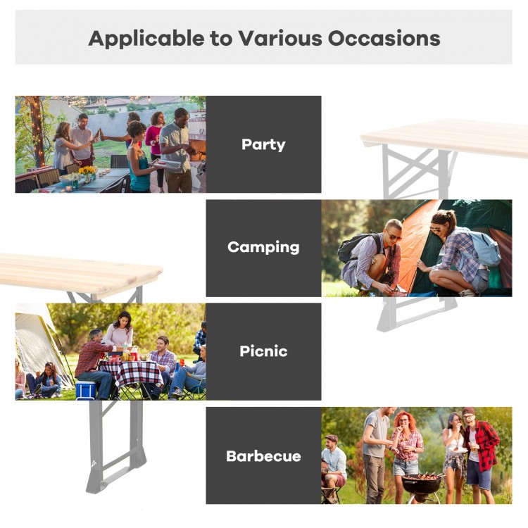 66.5-inch outdoor wood folding picnic table with adjustable heights, ideal for camping, parties, and barbecues.