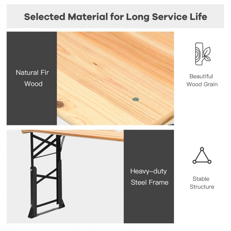 Detail of the heavy-duty steel frame and natural fir wood grain of the 66.5-inch outdoor folding picnic table.