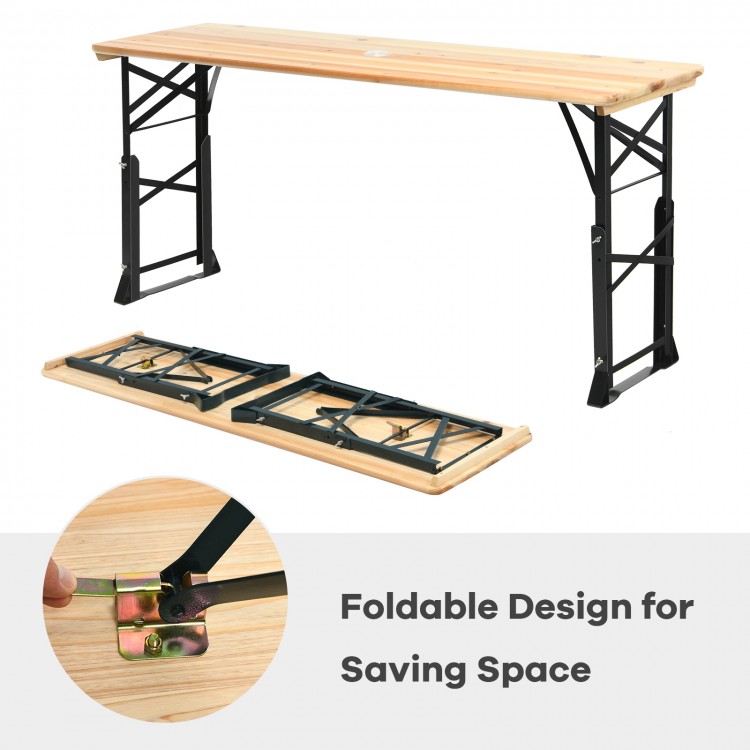 66.5-inch outdoor wood folding picnic table with adjustable heights, featuring a sturdy design for camping and parties.