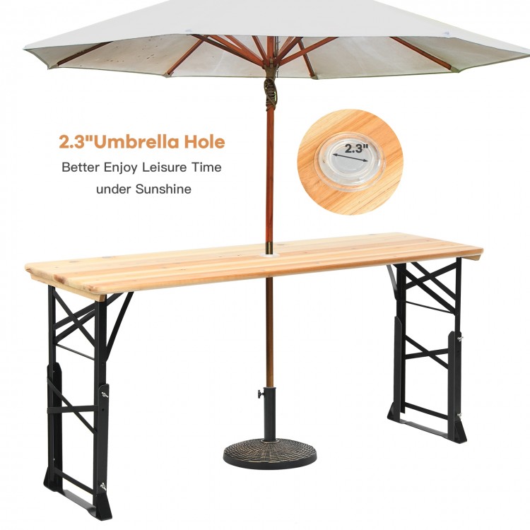 66.5-inch outdoor wood folding picnic table with adjustable heights and 2.3-inch umbrella hole for sun protection.