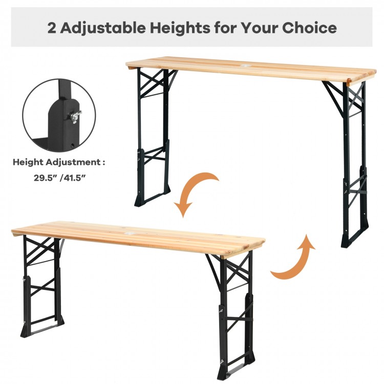 Adjustable height feature of the 66.5-inch outdoor wood folding picnic table, showcasing its sturdy X-shape design for.