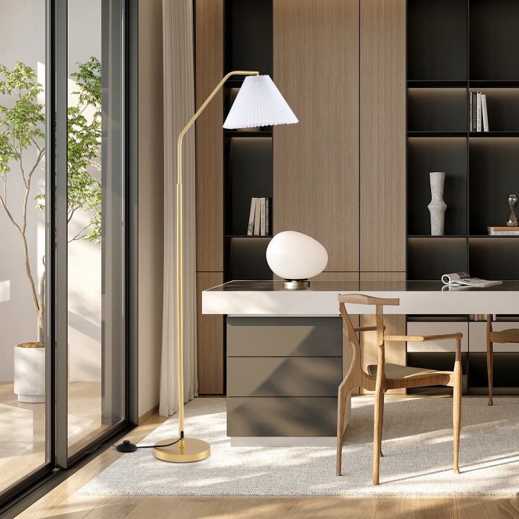 66" arc floor lamp featuring a gold base and elegant pleated shade, ideal for stylish illumination in modern spaces.