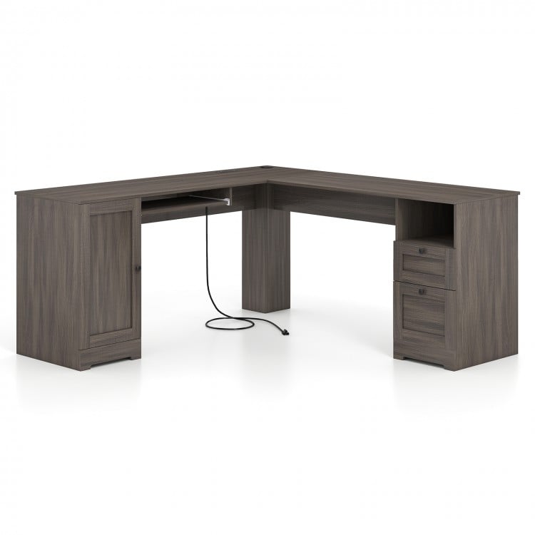 L-shaped dark gray computer desk with ample workspace, built-in charging station, and pull-out keyboard tray for.