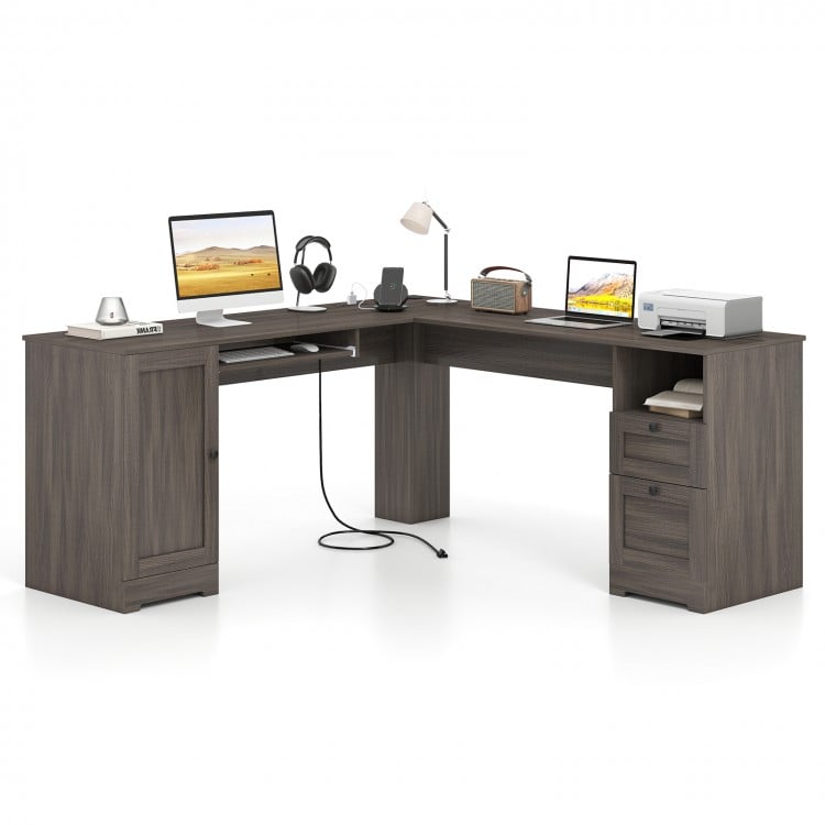 L-shaped dark gray computer desk with ample workspace, charging station, and storage drawers for organized office use.
