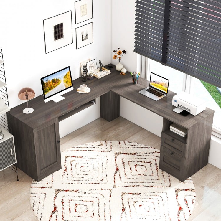 L-shaped dark gray computer desk featuring a sleek design, adjustable shelf, and cable management for a tidy workspace.