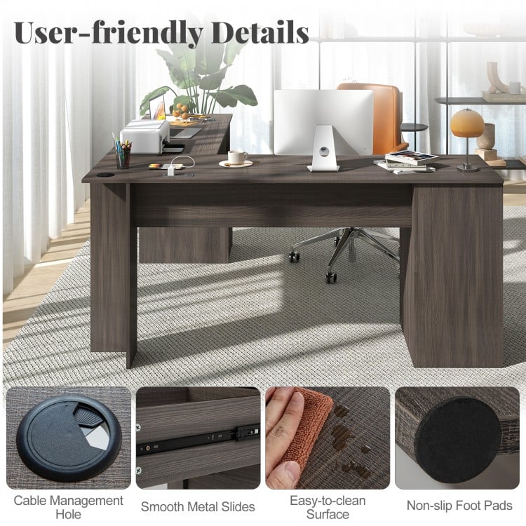 L-shaped dark gray computer desk with cable management hole, pull-out keyboard tray, and adjustable shelf for organized.
