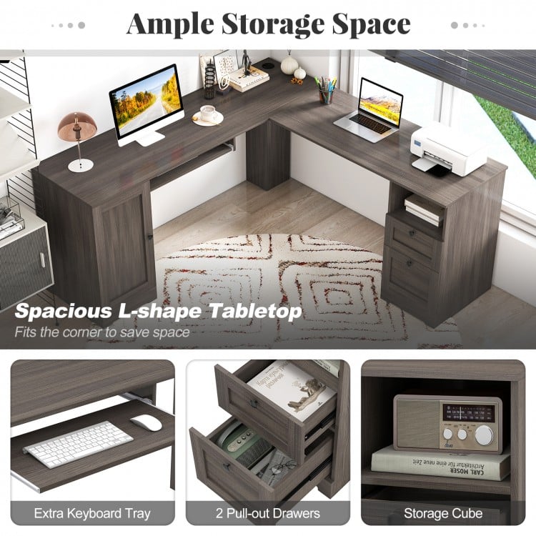 L-shaped dark gray computer desk with ample workspace, pull-out keyboard tray, and storage drawers for organized use.