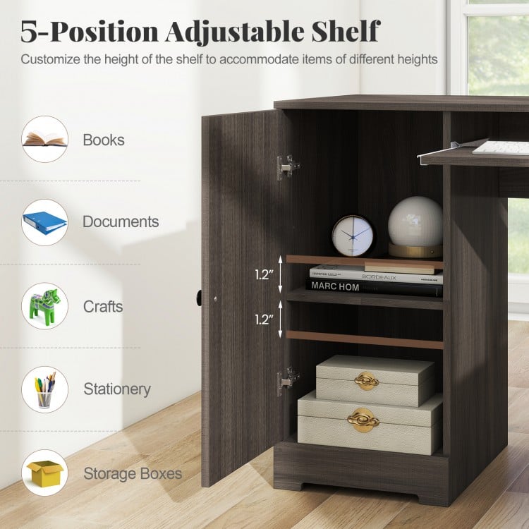 5-position adjustable shelf in dark gray L-shaped computer desk for organizing books, stationery, and files.