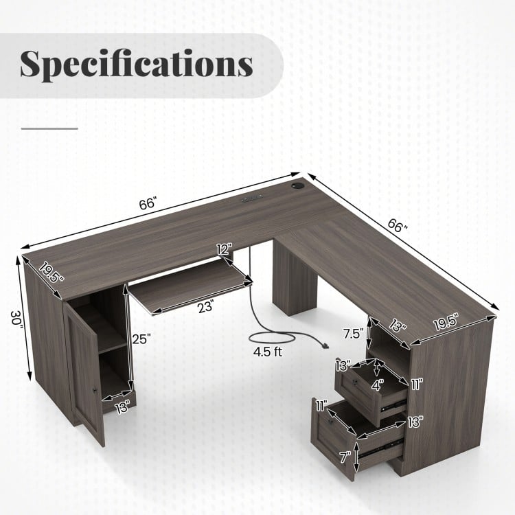 L-shaped 66-inch dark gray computer desk with storage drawers, adjustable shelf, and built-in charging station.