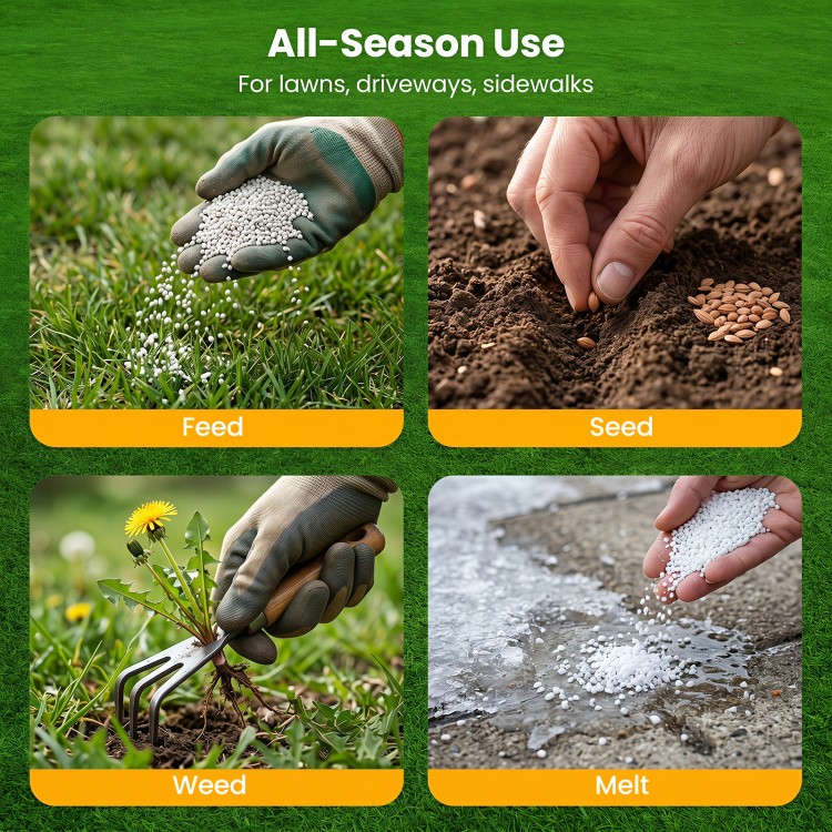 All-season broadcast spreader with 13-inch all-terrain tires for efficient seed, fertilizer, and ice melt application.