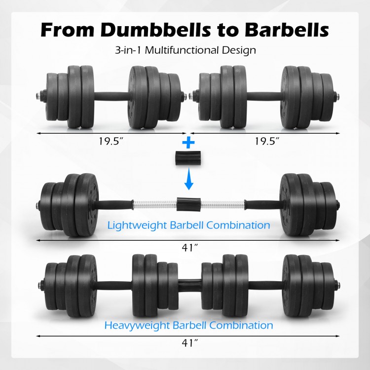 Adjustable 66 lbs dumbbell weight set with barbell conversion, featuring HDPE plates and ergonomic handle for versatile.