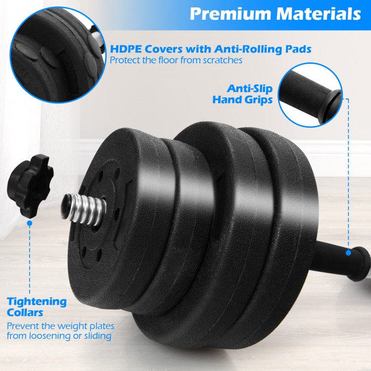 Adjustable 66 lbs dumbbell weight set with HDPE covers, anti-slip grips, and tightening collars for secure workouts.