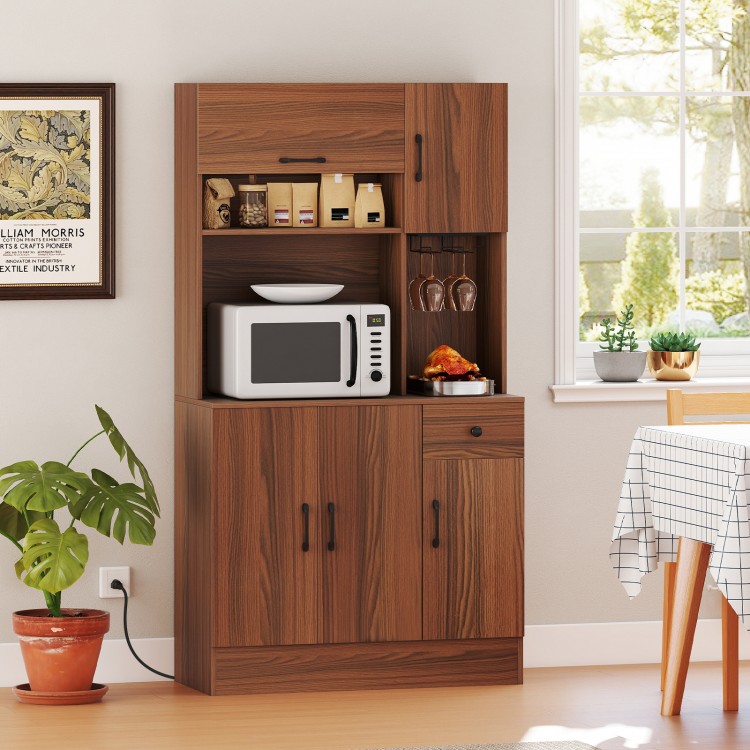 66-inch brown pantry cabinet showcasing a wide countertop, wine glass holder, and slide-out drawer for organized.