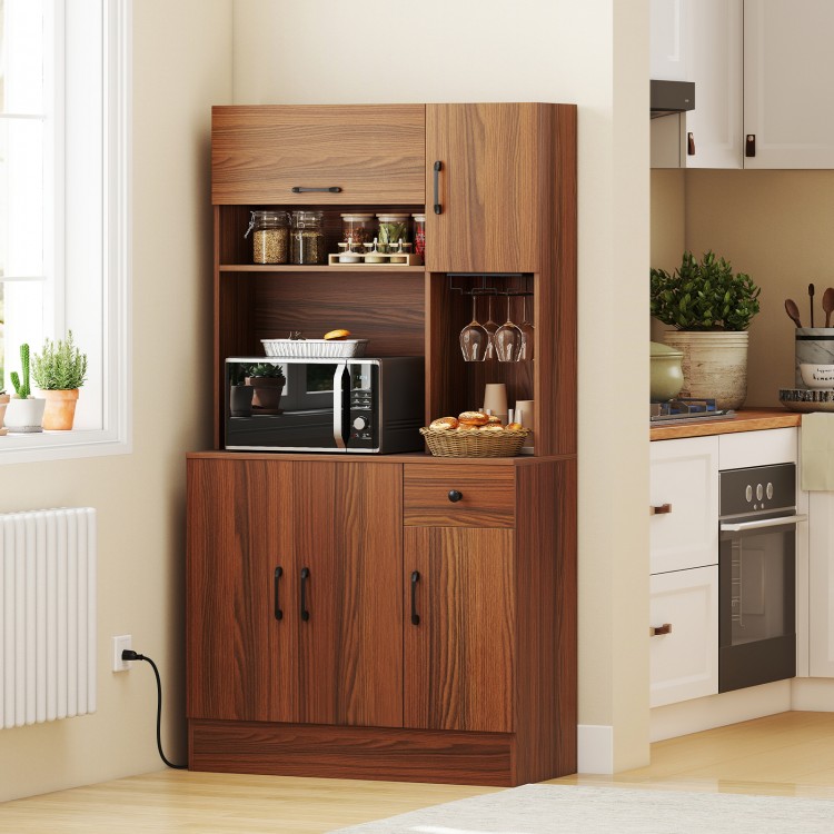 66-inch brown pantry cabinet featuring a charging station, microwave stand, adjustable shelves, and wine glass holder.