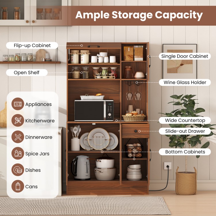 66-inch brown pantry cabinet with charging station, open shelves, wine glass holder, and adjustable storage options.